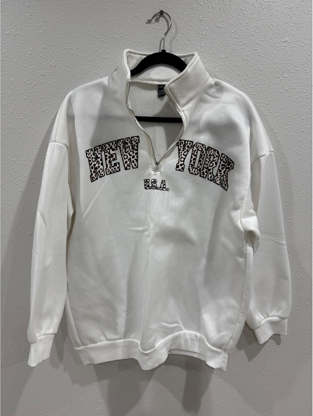 SHEIN New York USA Quarter Zip Sweatshirt Women’s L White Leopard Print Pullover